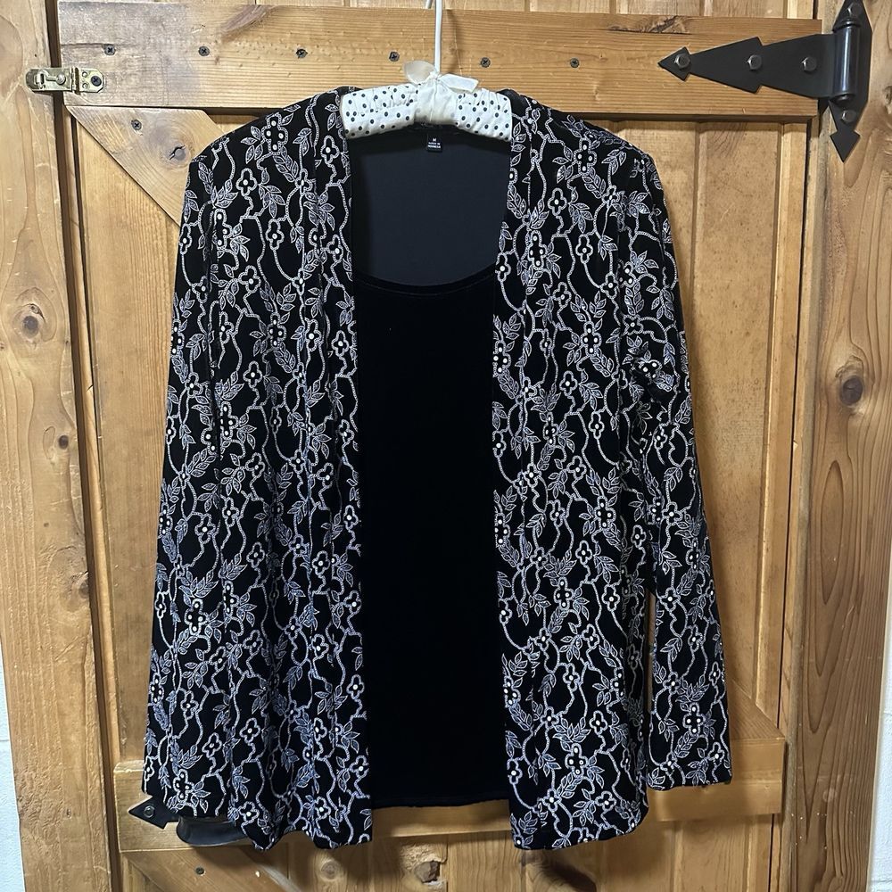 Vtg Notations Black Velvet Cardigan W Shirt Sparkles Sequin Long Sleeve Womens M